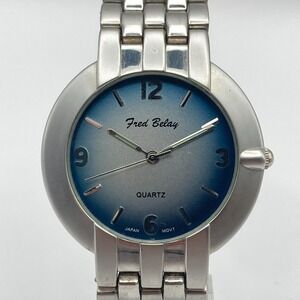 Fred Belay Men's Watch 40mm Matte Silver Tone Blue Ombre Dial New Battery 8.5"